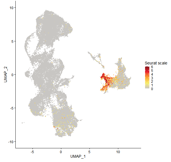 Feature plot of Mp1g18730 on UMAP