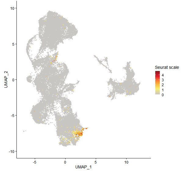 Feature plot of Mp2g11400 on UMAP
