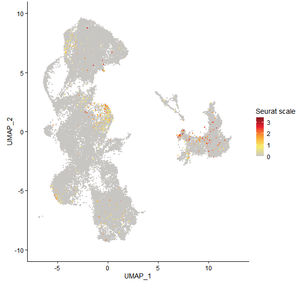 Feature plot of Mp2g14720 on UMAP