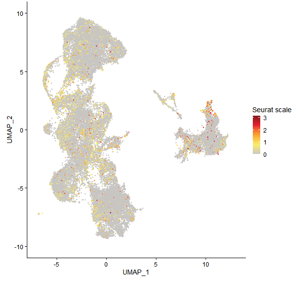 Feature plot of Mp2g18280 on UMAP
