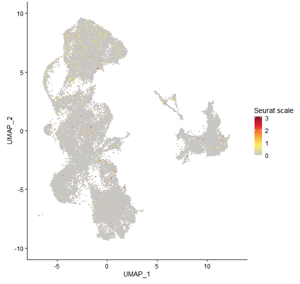 Feature plot of Mp3g06080 on UMAP