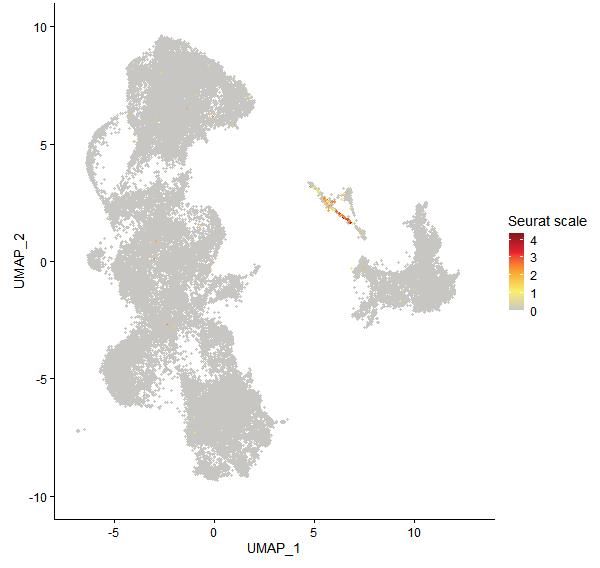 Feature plot of Mp3g07390 on UMAP