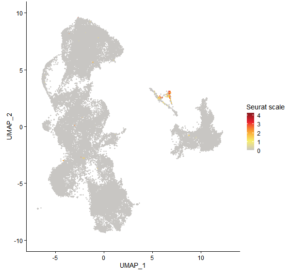 Feature plot of Mp3g07510 on UMAP
