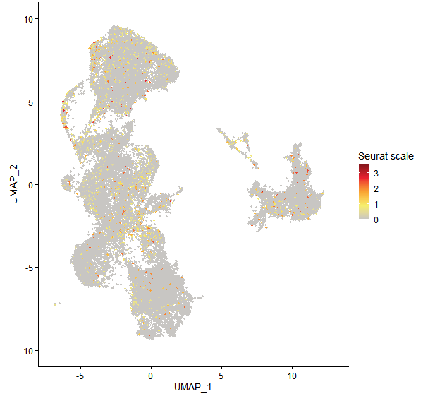 Feature plot of Mp3g07630 on UMAP