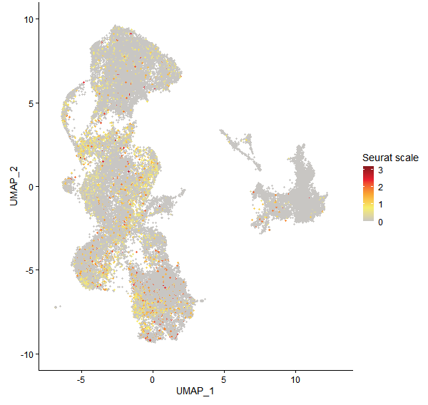 Feature plot of Mp3g15740 on UMAP