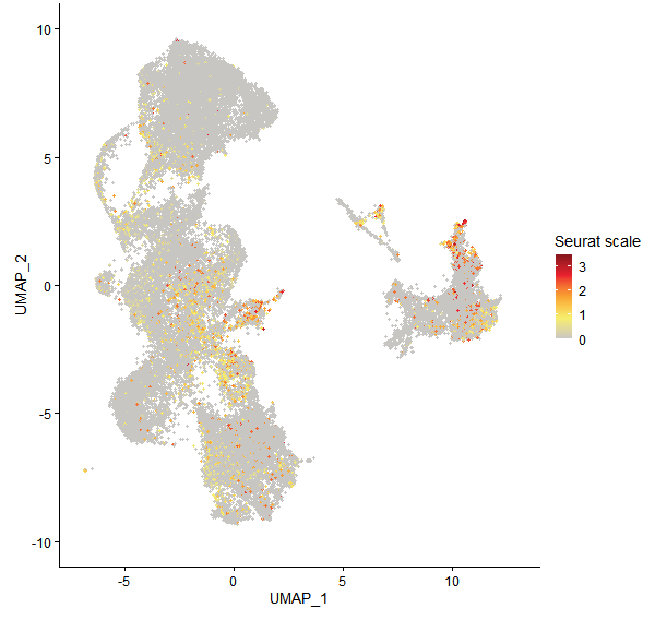 Feature plot of Mp3g17690 on UMAP