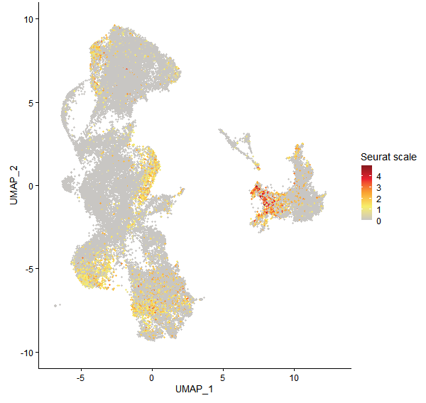 Feature plot of Mp3g21600 on UMAP